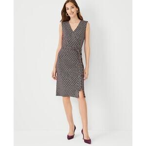Ann Tylor Womens Belted Sheath Chain Print Midi Dress Burgundy 4P Boardroom Chic